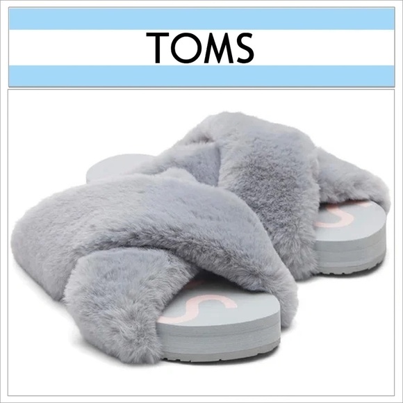 Toms Susie Eva Cross-Over Slippers Grey Plush Faux Fur House Bedroom NIB - Picture 1 of 8